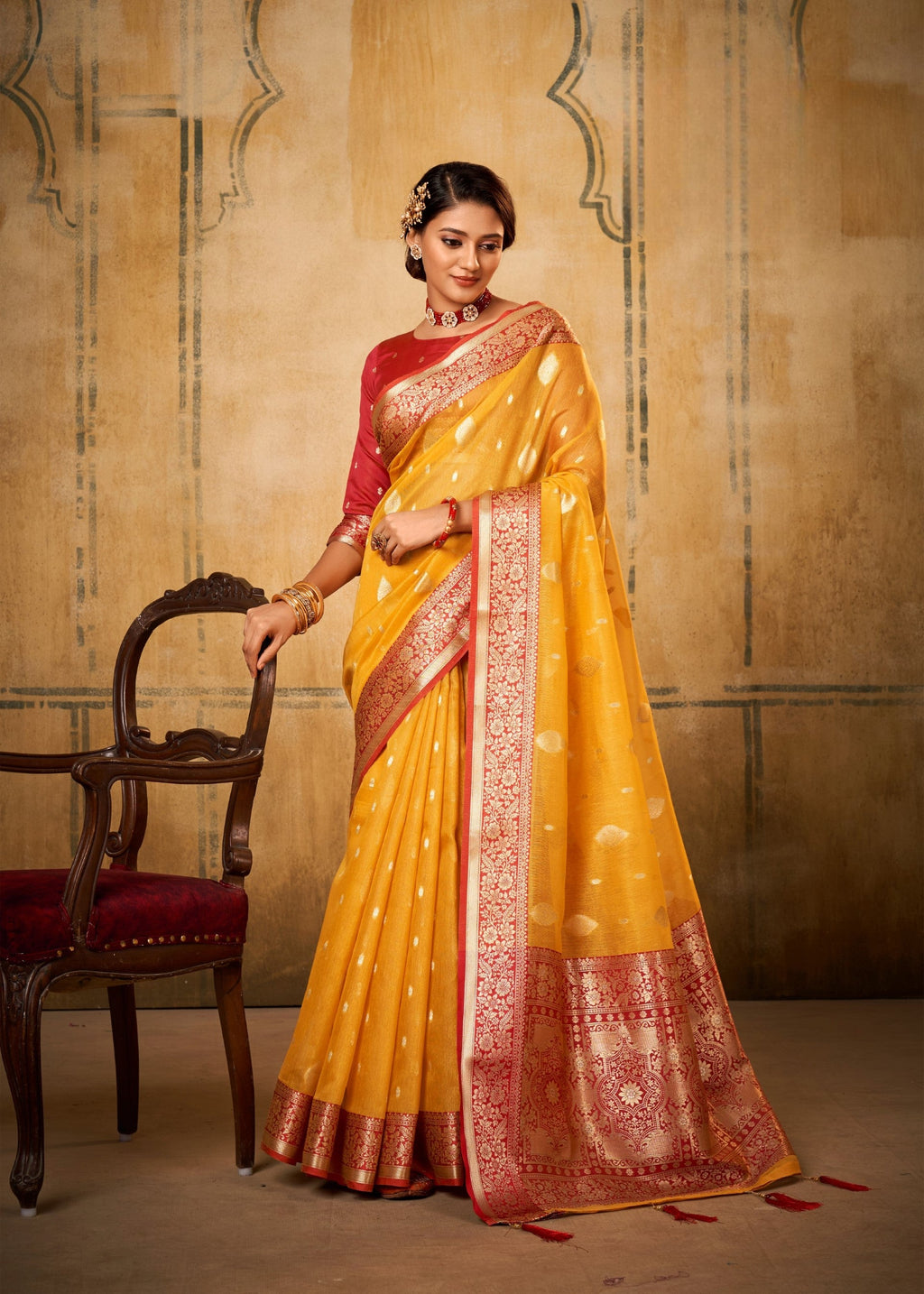 Anaita Yellow Soft Tussar Silk With Kalamkari Weaving Saree With Blouse - Distacart