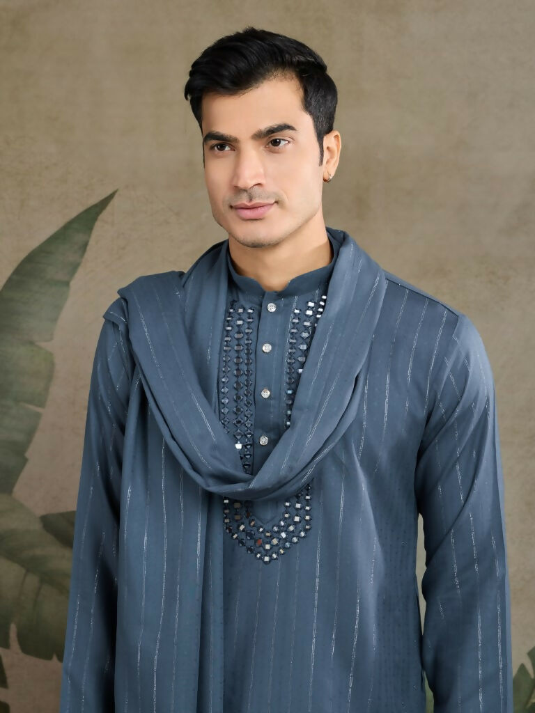 Vastranavya Blue Grey Exclusive Viscose Rayon Festival Wear Real Mirror Work Kurta with Dupatta
