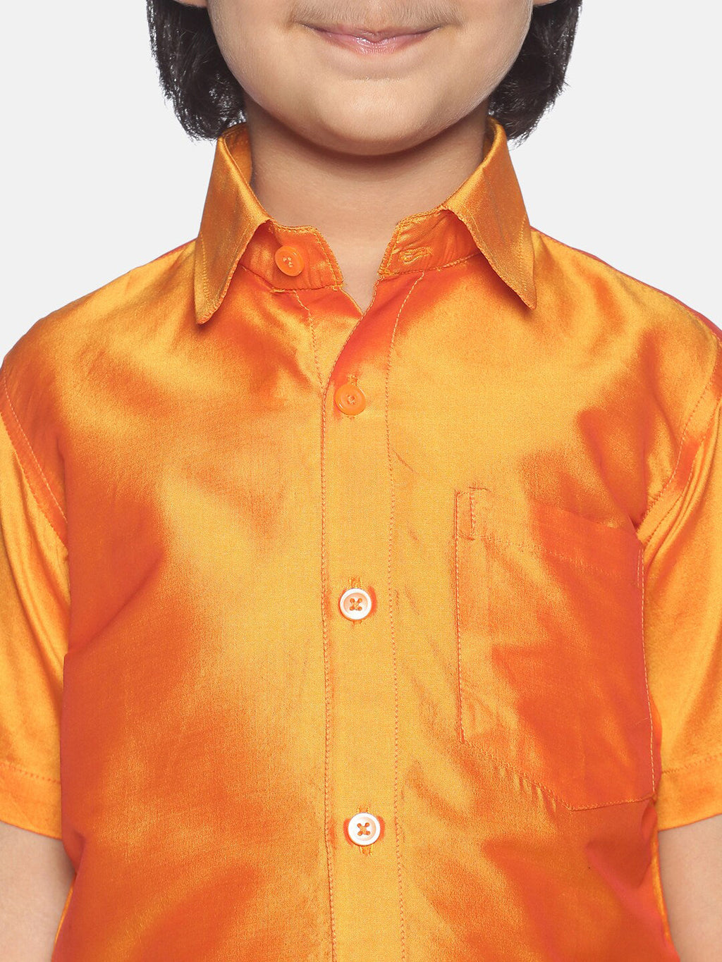 Sethukrishna Boys Orange & White Solid Shirt with Pure Cotton Dhoti Set