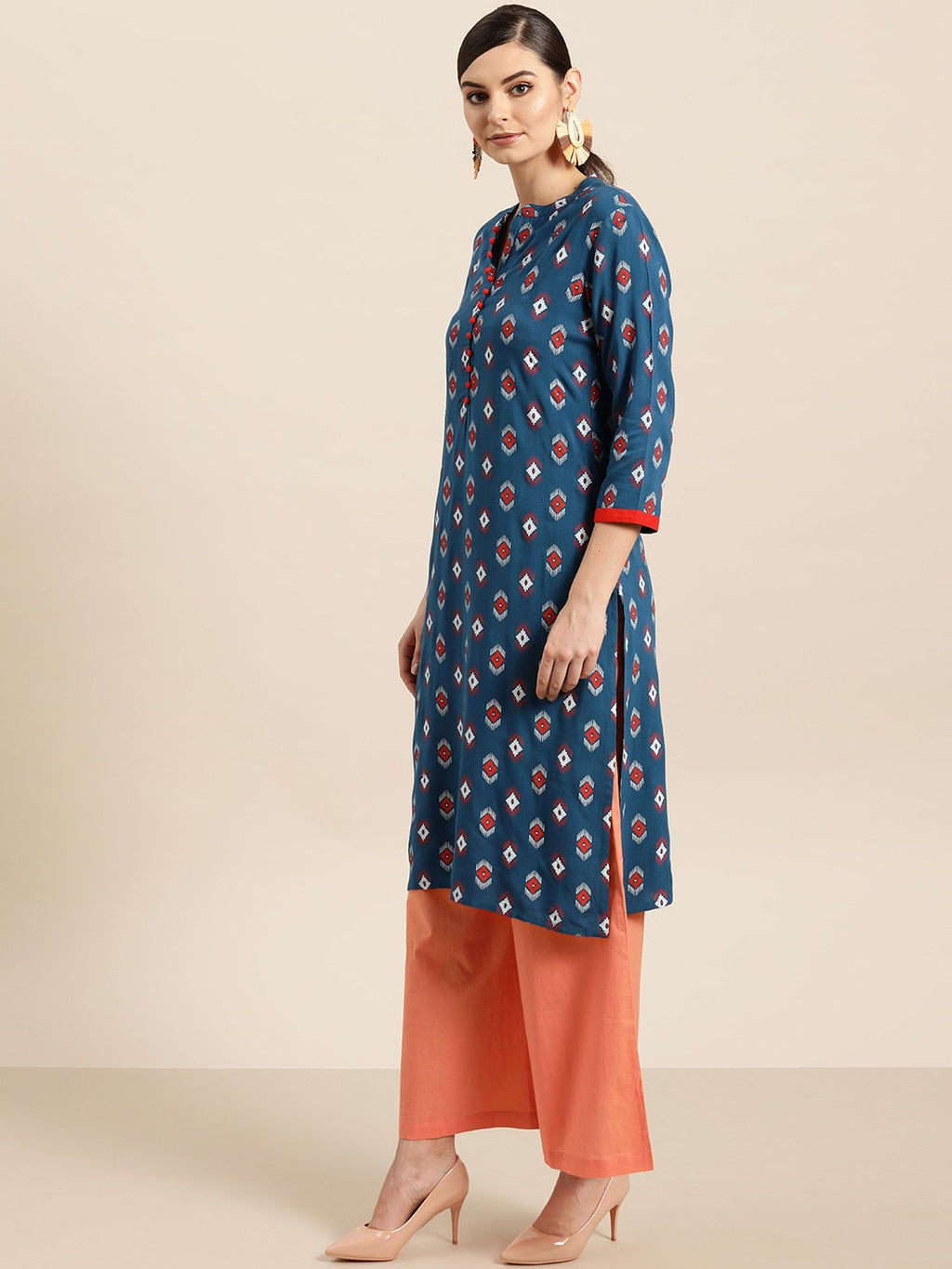 Sangria Women Teal Blue & Red Printed Straight Kurta