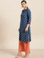 Sangria Women Teal Blue & Red Printed Straight Kurta