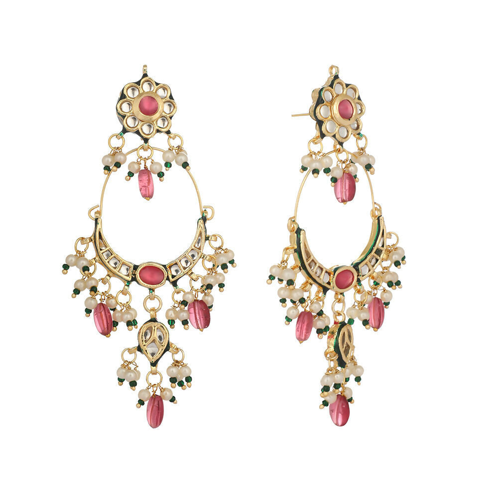Nuyug 22K Gold Plated Crescent Kundan Drop Pink Stone Chandbali Earrings - Distacart