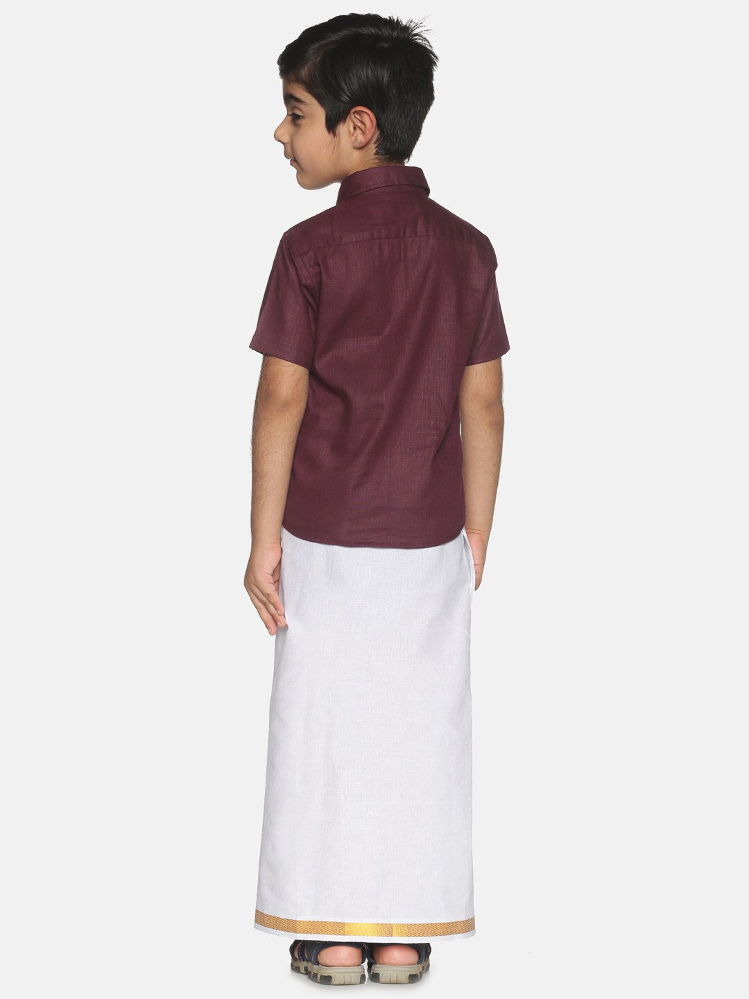 Sethukrishna Boys Maroon & White Pure Cotton Solid Shirt and Dhoti Set