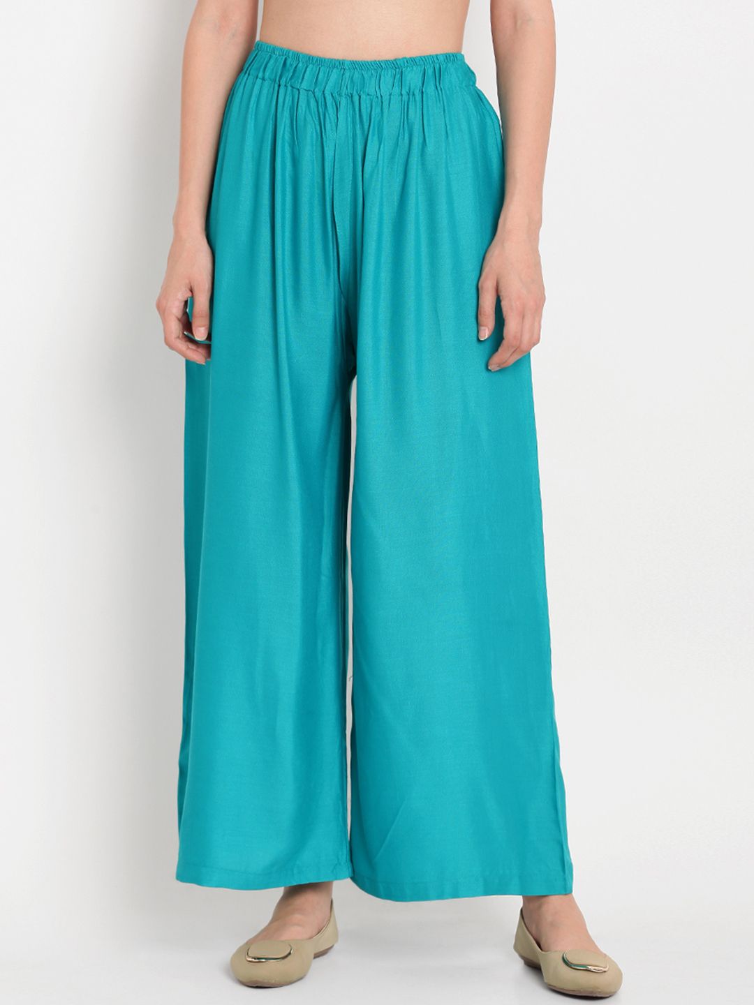 TAG 7 Women Pack Of 2 White & Teal Blue Solid Flared Palazzos