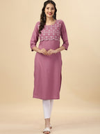HERE&NOW Mauve & Biege Ethnic Motifs Embroidered Yoke Design Mirror Work Kurta