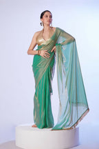Sea Green Satin Gold Organza Solid Designer & Lace Work Saree - Samaa