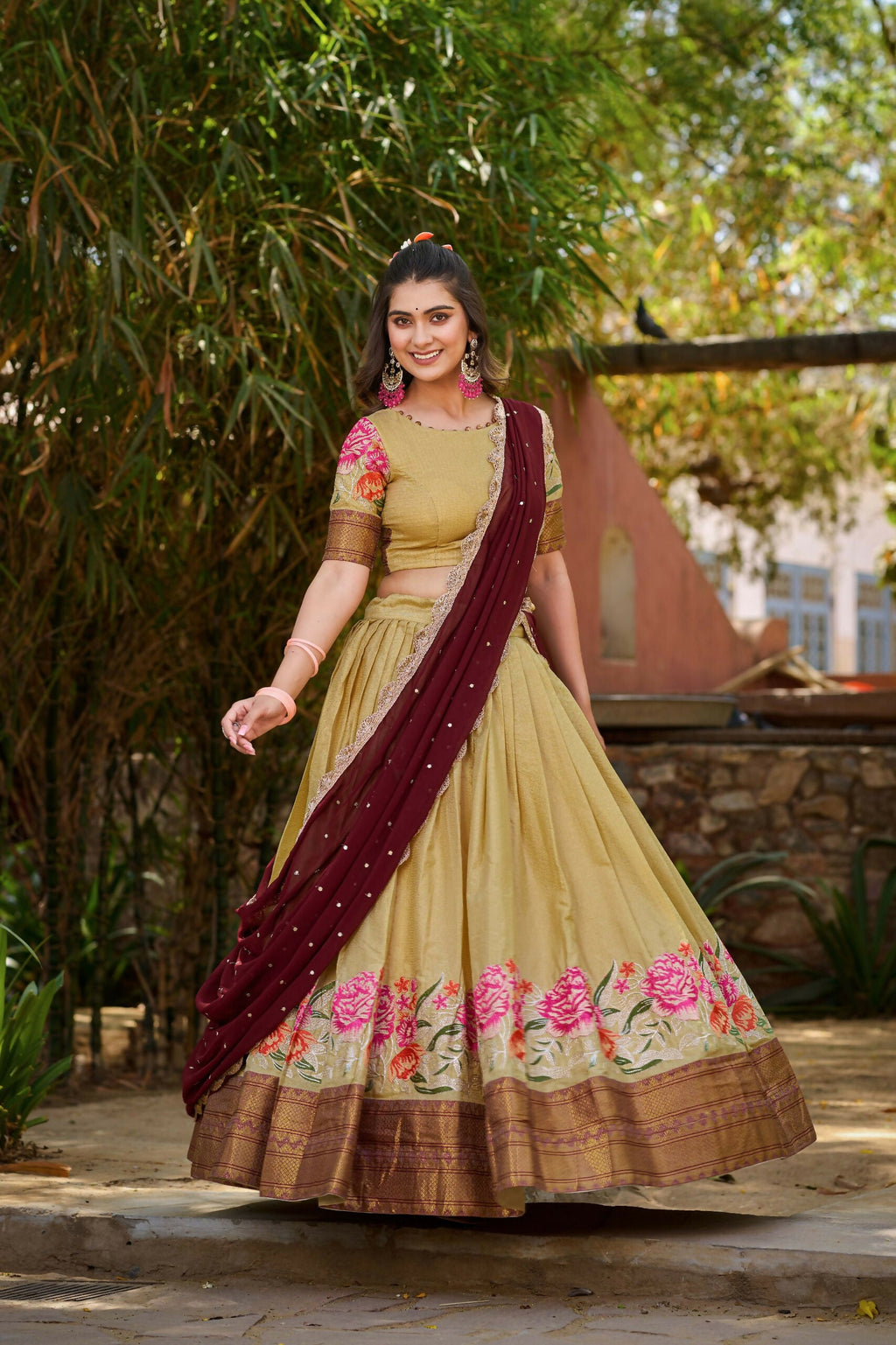 Vastranavya Stunning Cotton Silk Thread Embroidery Work Lehenga Choli - Cream