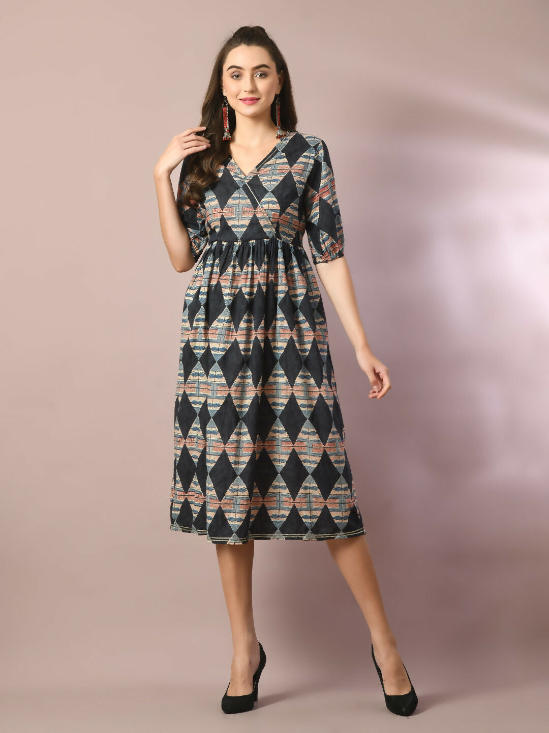 Myshka Women's Multi Printed Cotton V-Neck Empire Party Dress - Distacart