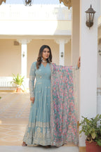 Joban Fashion Sky Blue Georgette Sequence Embroidery Work Kurta Set - Distacart