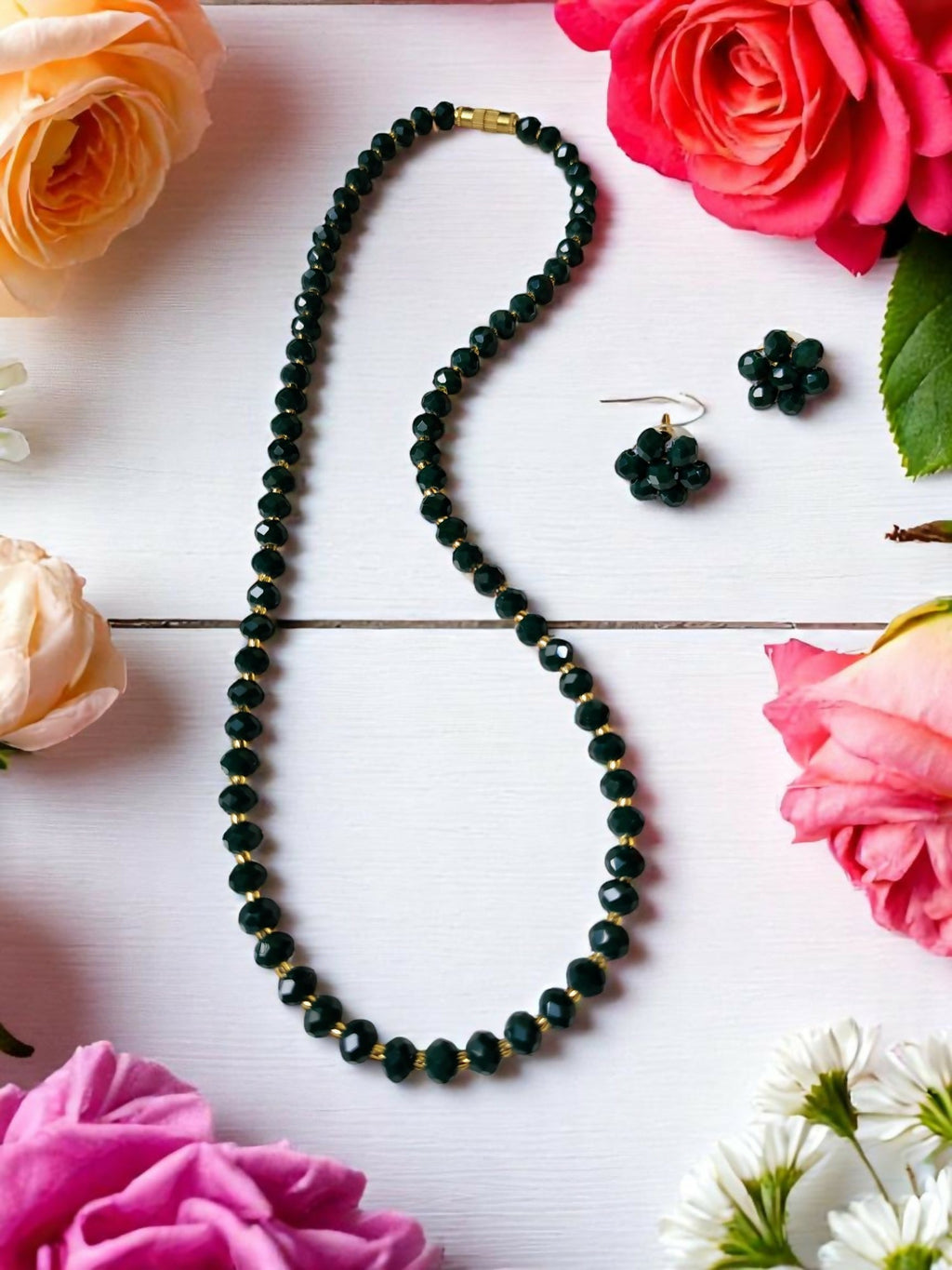 Inhanns Crystal Bloom – Single Line Necklace + Studs - Dark Green