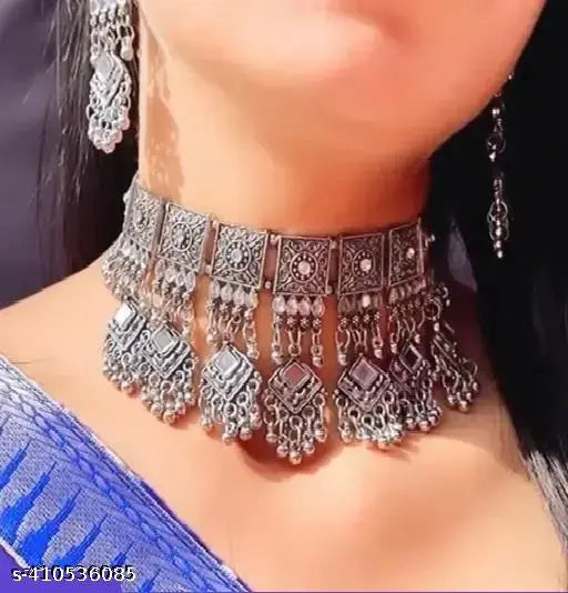 Tehzeeb Creations Women's Silver Colour Oxidised Necklace And Earrings Set