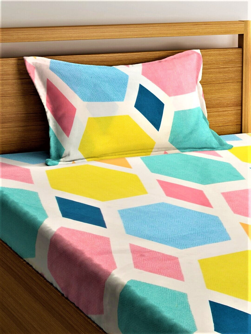 Home Sizzler Blue & Yellow Geometric 210 TC Single Bedsheet with 1 Pillow Covers - Distacart