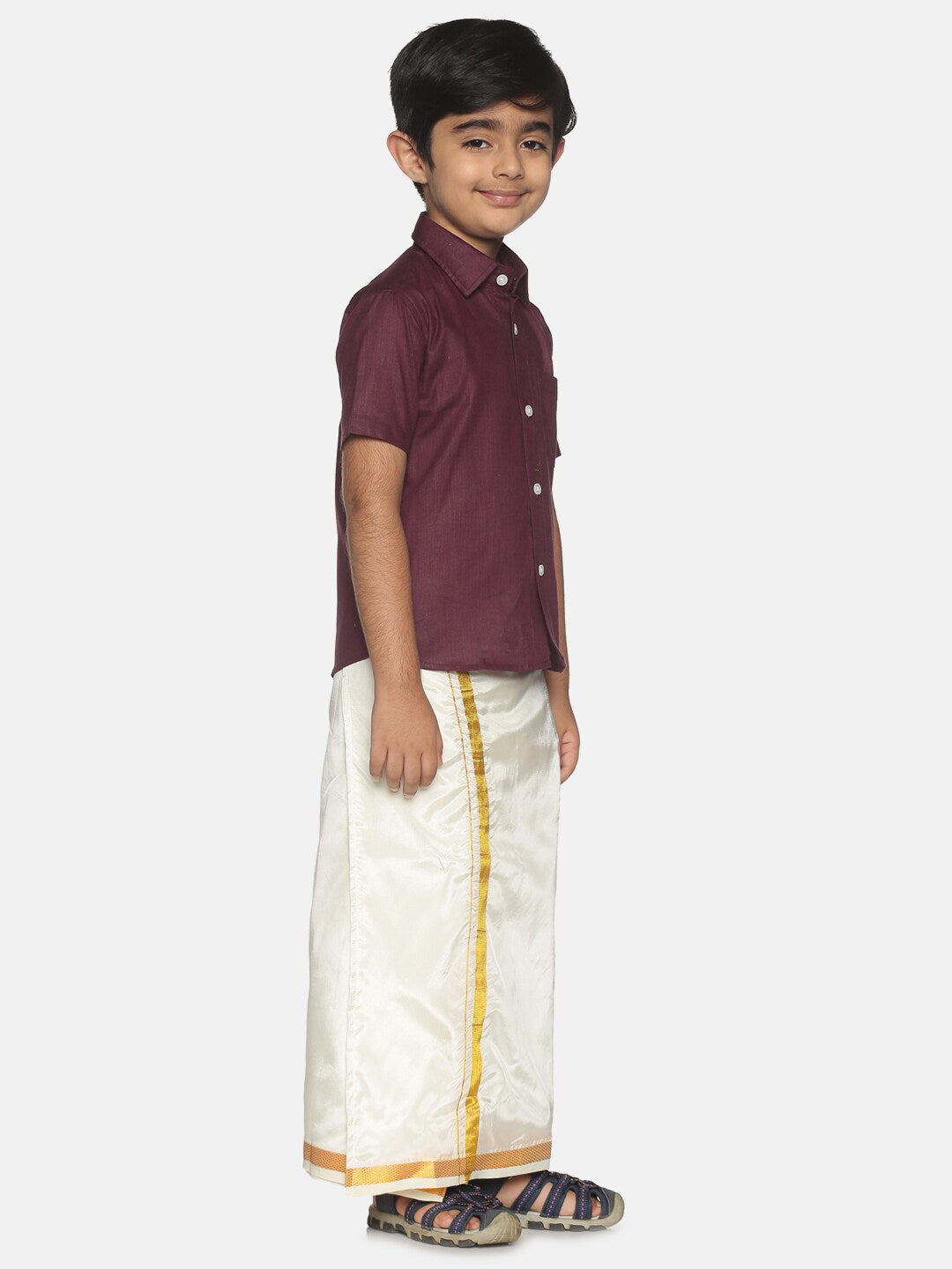 Sethukrishna Boys Maroon & White Pure Cotton Shirt with Dhoti