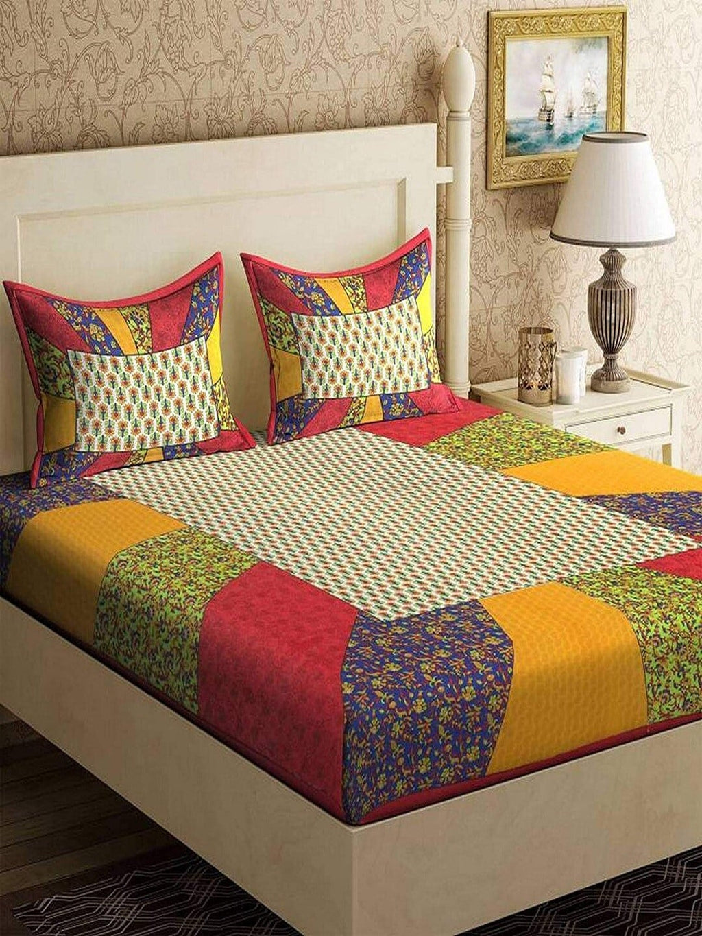 UNIQCHOICE Yellow & Red Ethnic Motifs Pure Cotton 120 TC Queen Bedsheet & 2 Pillow Covers