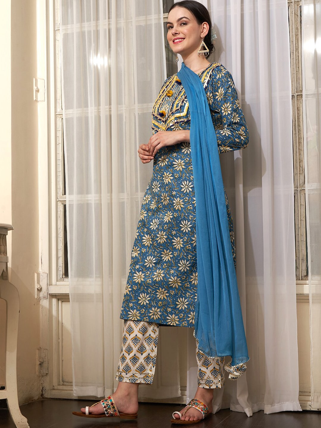 Sangria Blue Ethnic Motifs Printed Cotton Kurta with Trousers & Dupatta