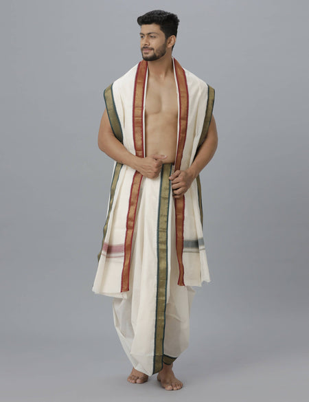 Indian Clothing Ramraj Cotton Mens Pure Cotton 5 Khan Jari 9 + 5 Kora Panchakacham Dhoti With Angavastram Set