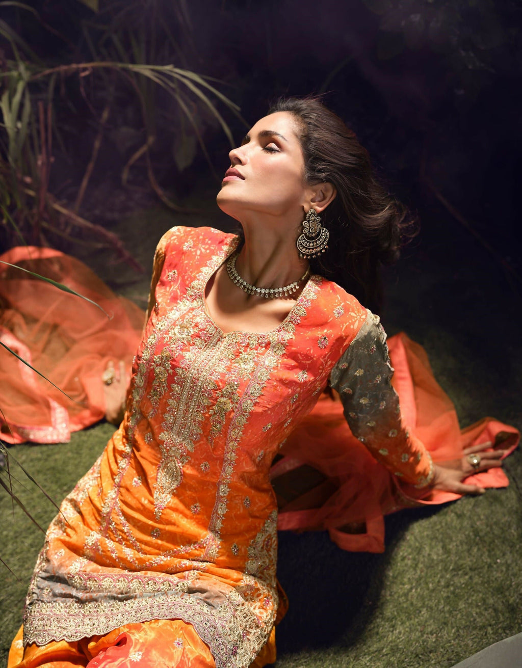 Anaita Orange Chinon Stitched Suit with Embroidery & Sequence Work - Distacart