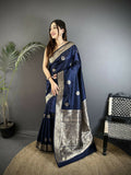 Joban Fashion Navy Blue Floral Jacquard Woven Design Cotton Silk Banarasi Silk Saree - Distacart