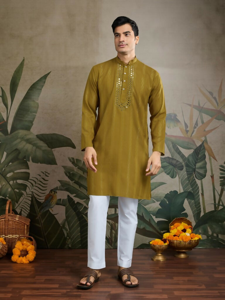 Vastranavya Rust Yellow Exclusive Viscose Rayon Festival Wear Real Mirror Work Kurta with Dupatta