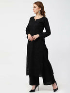 Cheera Women Stylish Hand Chikenkari Cotton Kurta With Palazzo - Black