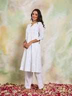 HOUSE OF KARI Women Notch Neck Floral Embroidered Chikankari Shadow Work Cotton Kurta