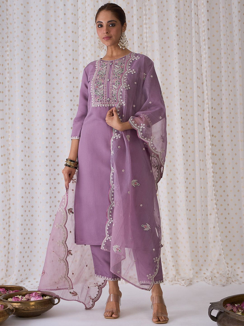 Indo Era Women Floral Yoke Design Regular Thread Work Kurta with Trousers & Dupatta - Distacart