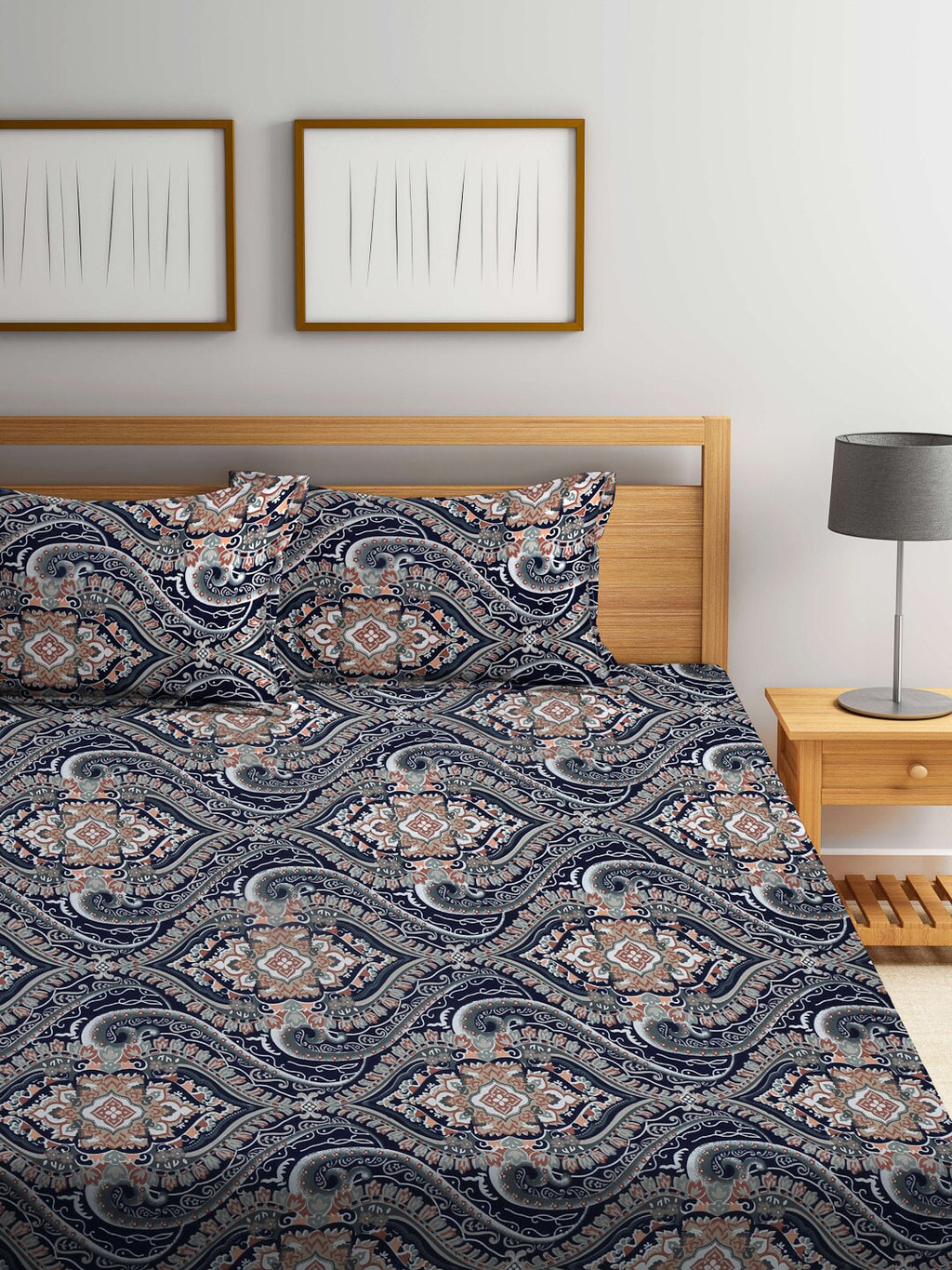 KLOTTHE Blue & Brown Ethnic Motif Printed 300 TC Fitted King Bedsheet With 2 Pillow Covers