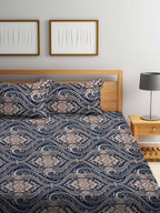 KLOTTHE Blue & Brown Ethnic Motif Printed 300 TC Fitted King Bedsheet With 2 Pillow Covers