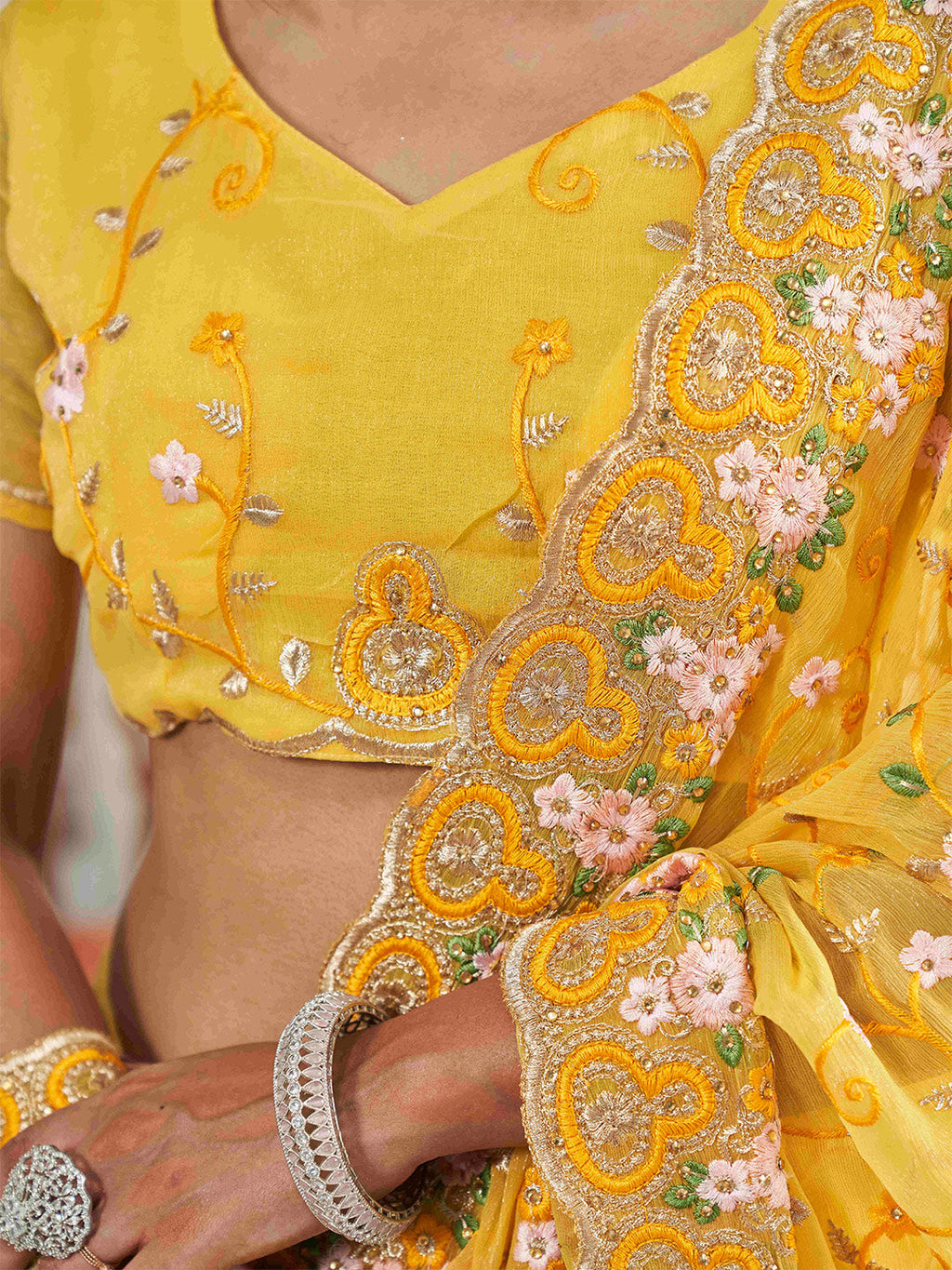 Tikhi Imli Yellow Ethnic Motifs Beads and Stones Embroidered Saree - Distacart