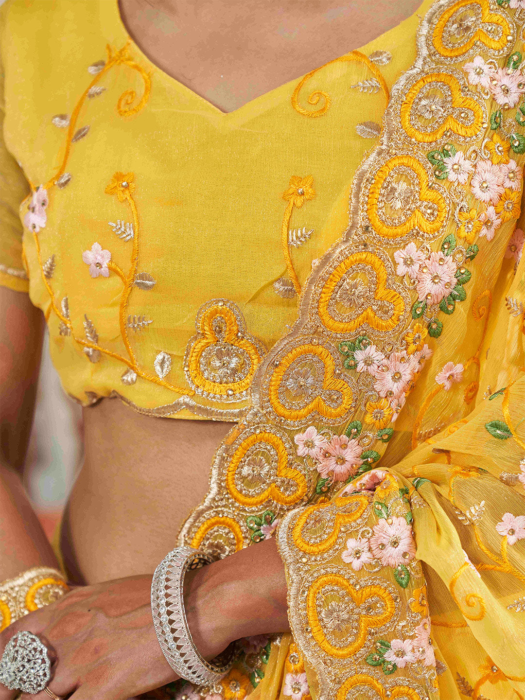 Tikhi Imli Yellow Ethnic Motifs Beads and Stones Embroidered Saree - Distacart