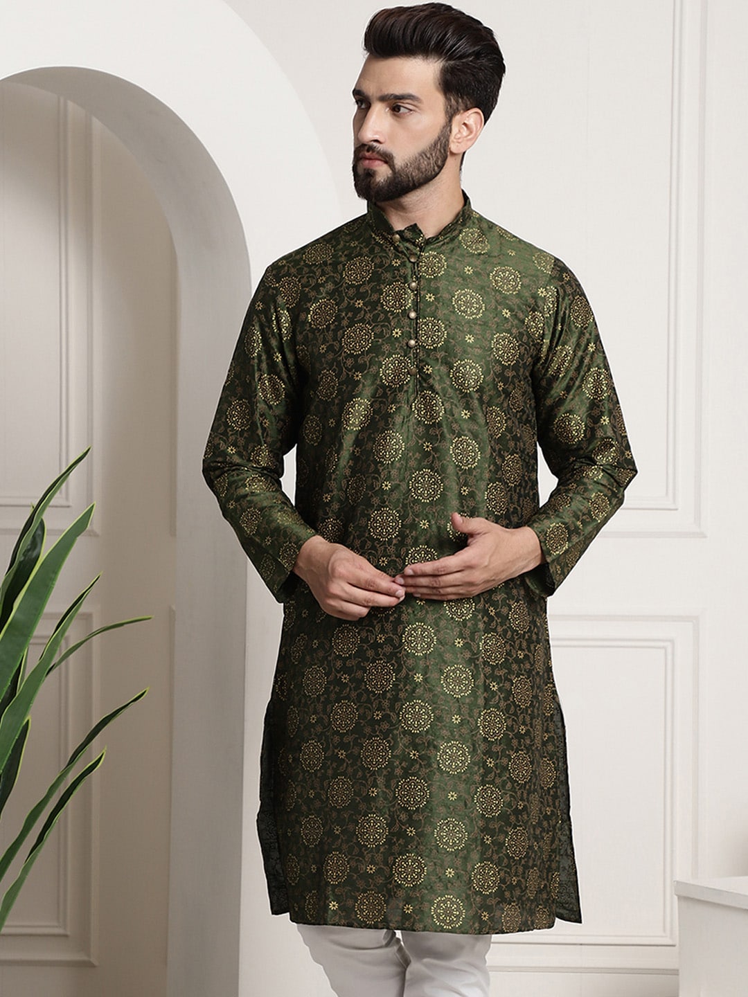 Sojanya Men Green & Brown Ethnic Motifs Printed Kurta
