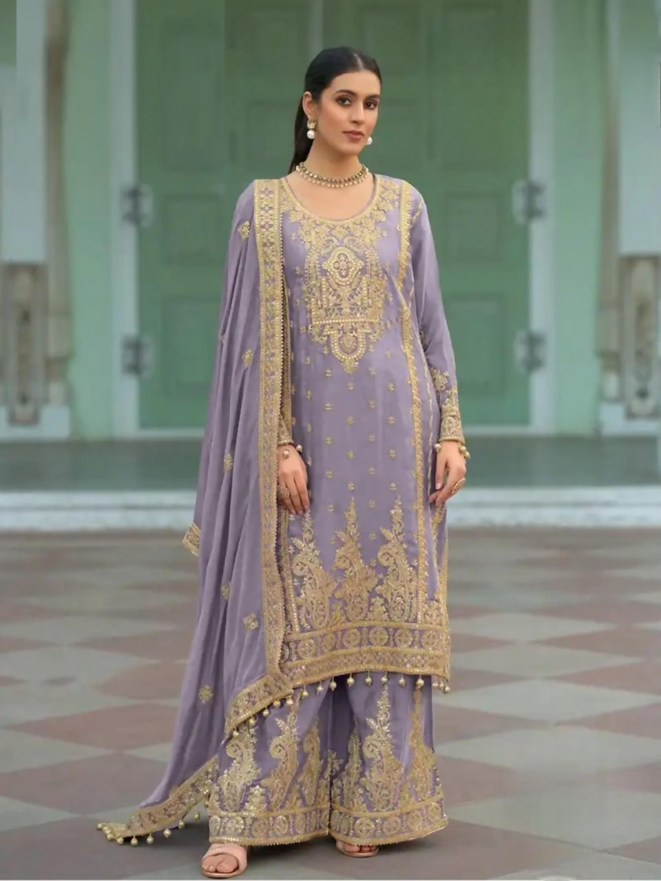 Anaita Lavender Heavy Chinon Readymade Palazzo Suit with Heavy Embroidery Work - Distacart