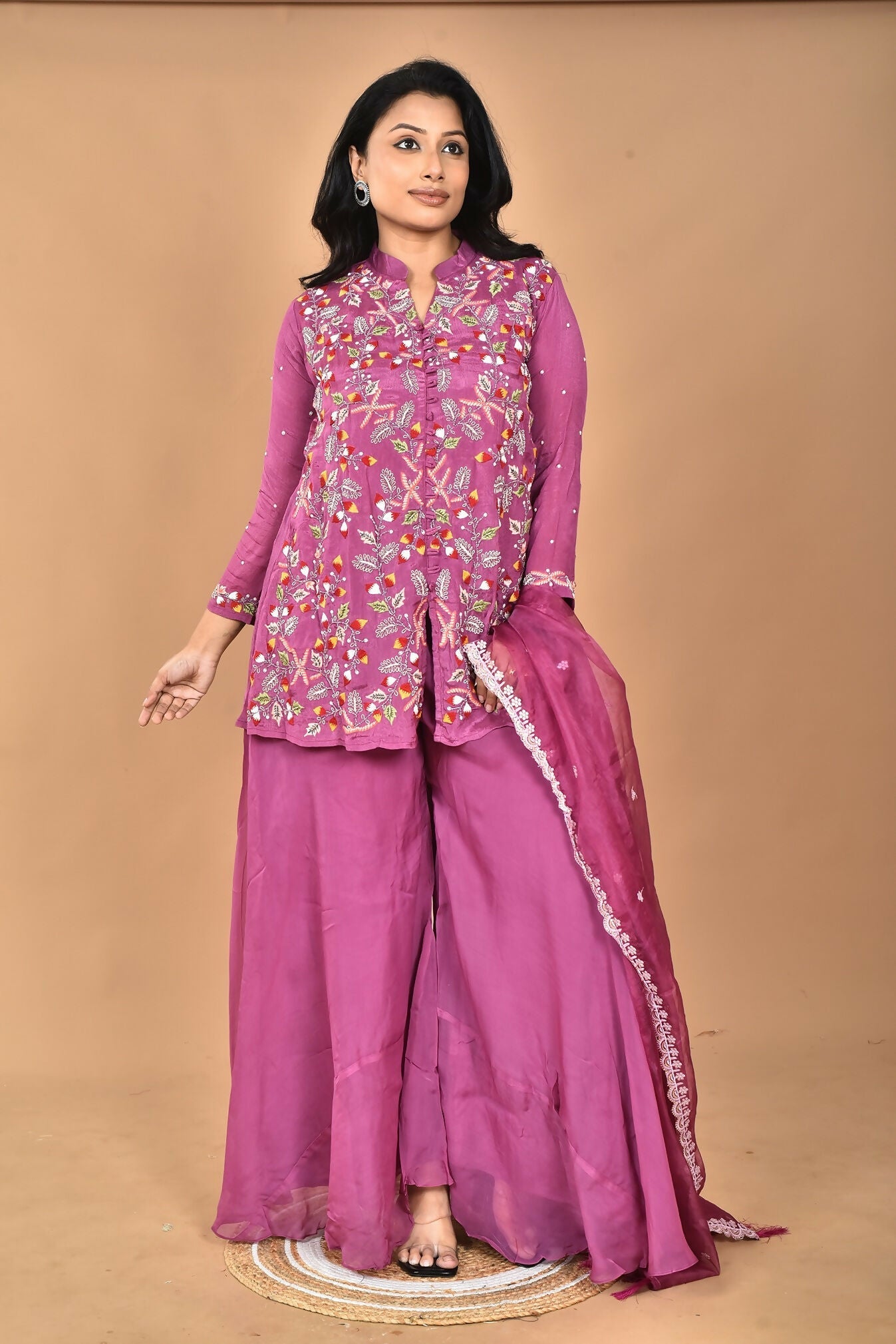 Morchari Women And Hand Embroidery Palazzo Set-Purple