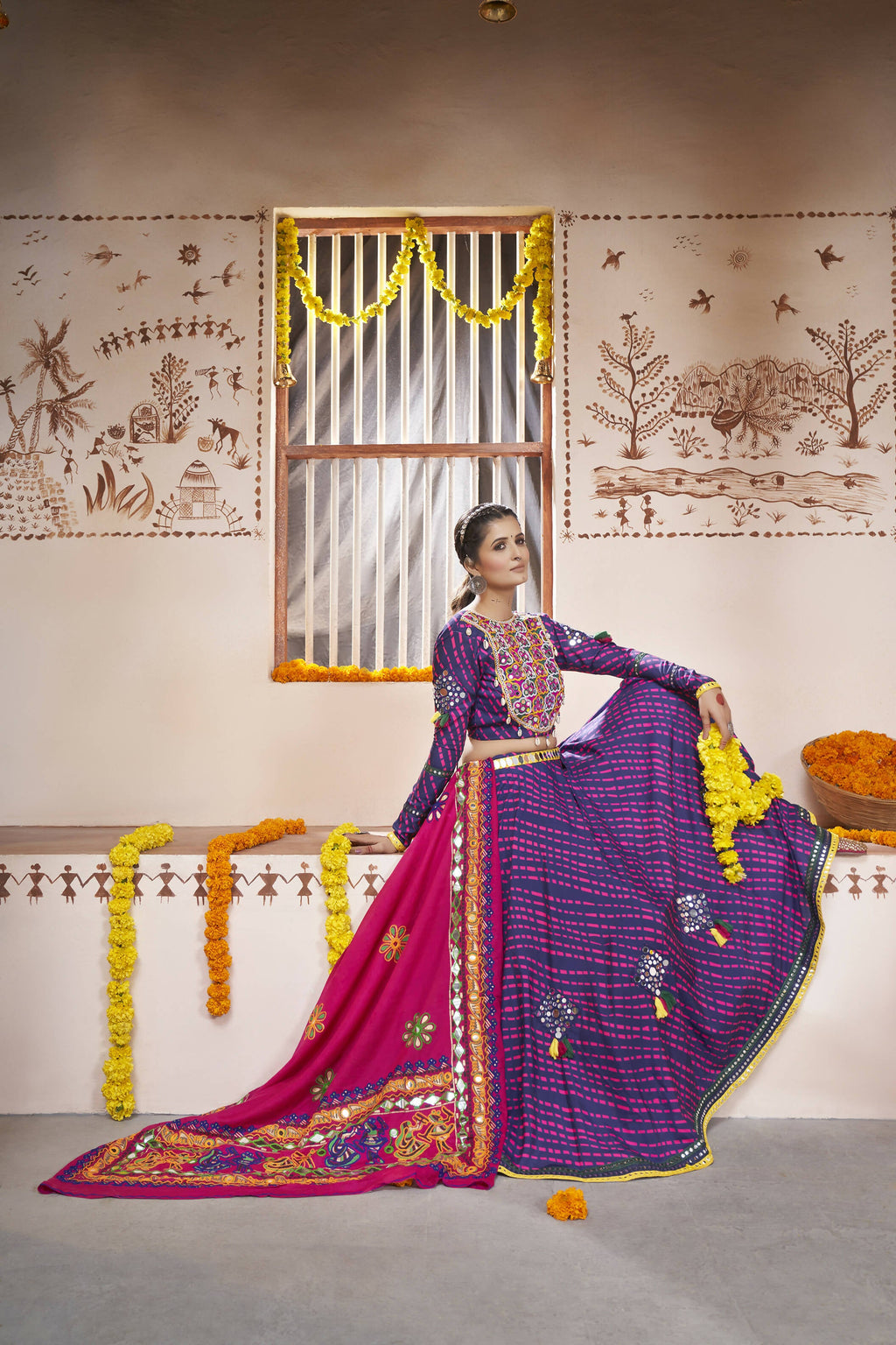 Blue Rayon All over Print with Embroidery Patch Work Navratri Lehenga Choli with Dupatta - Raas