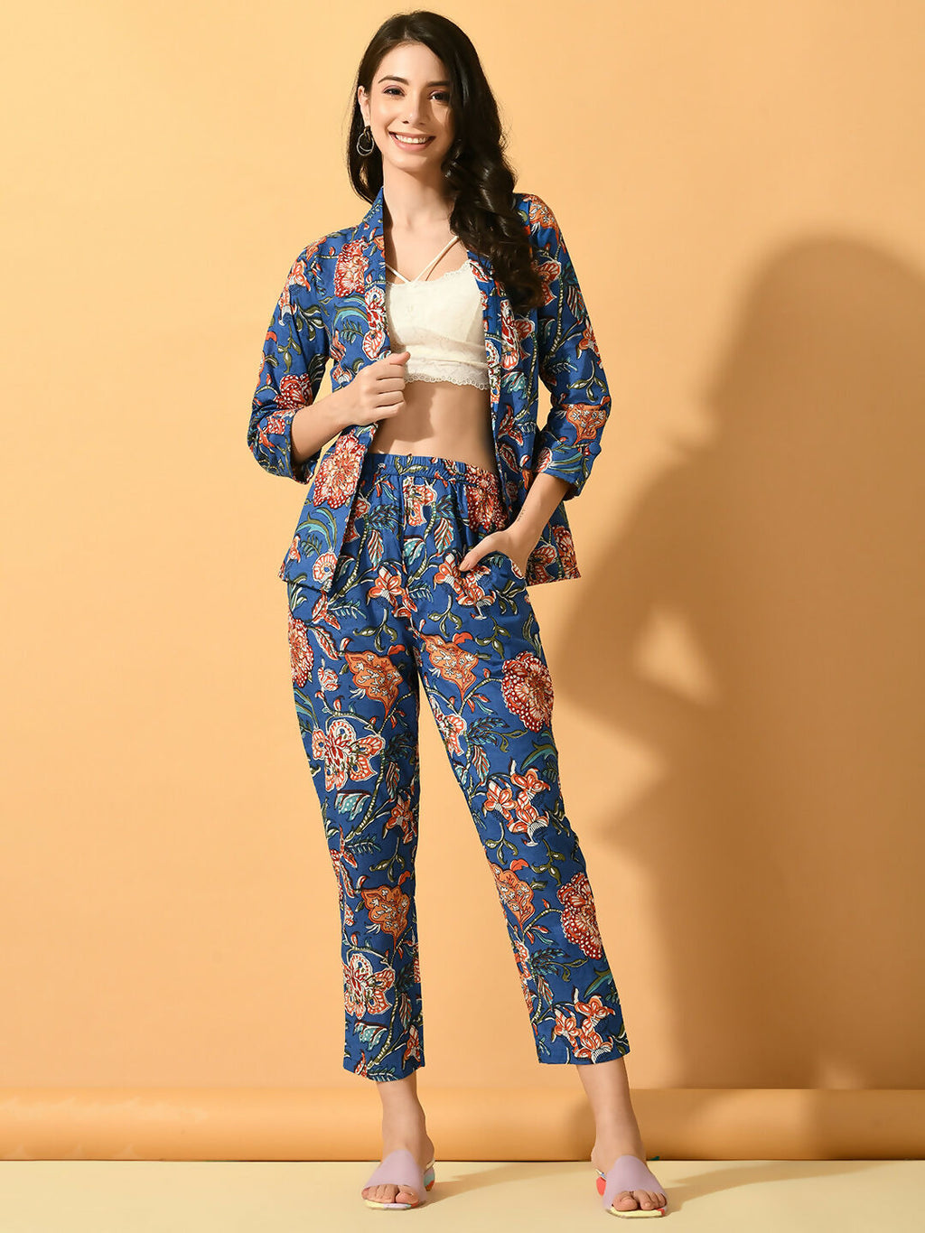 Myshka Women's Blue Printed Floral Jacket