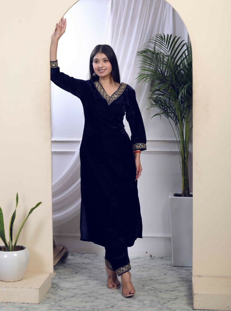Miravan Women's Blue Velvet Embroidered/Sequence Work Straight Kurta with Palazzo