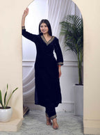 Miravan Women's Blue Velvet Embroidered/Sequence Work Straight Kurta with Palazzo