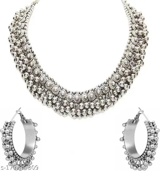 Tehzeeb Creations Women's Silver Colour Ghungroo Design Bracelet Necklace And Earrings