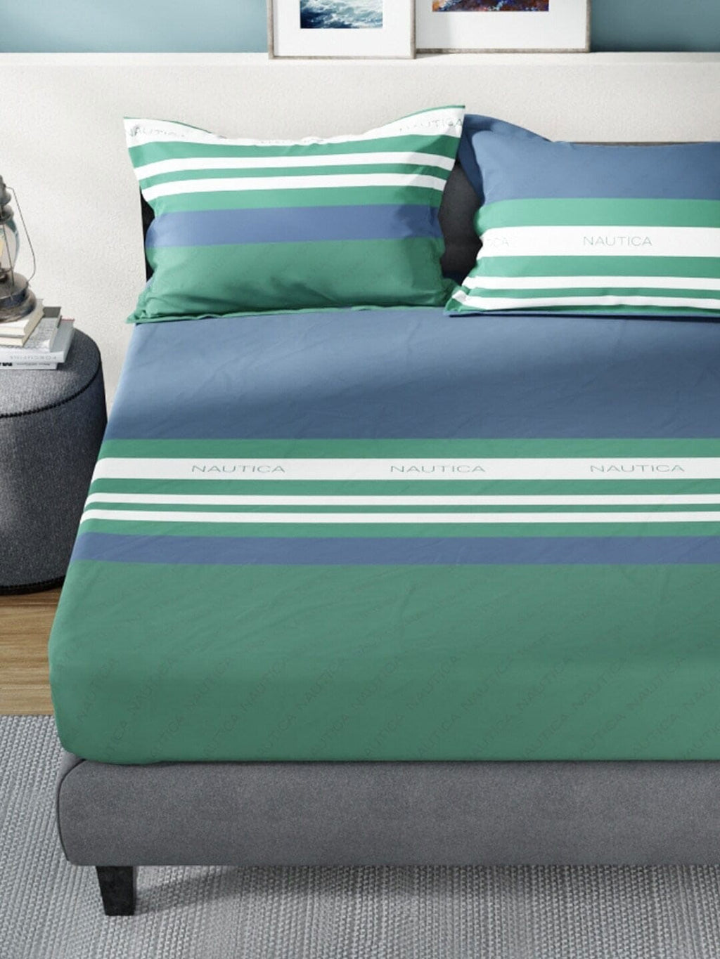 Nautica Bradford Blue & Green Striped 160 TC Pure Cotton King Bedsheet & 2 Pillow Covers
