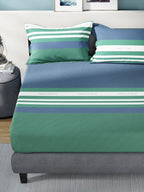 Nautica Bradford Blue & Green Striped 160 TC Pure Cotton King Bedsheet & 2 Pillow Covers