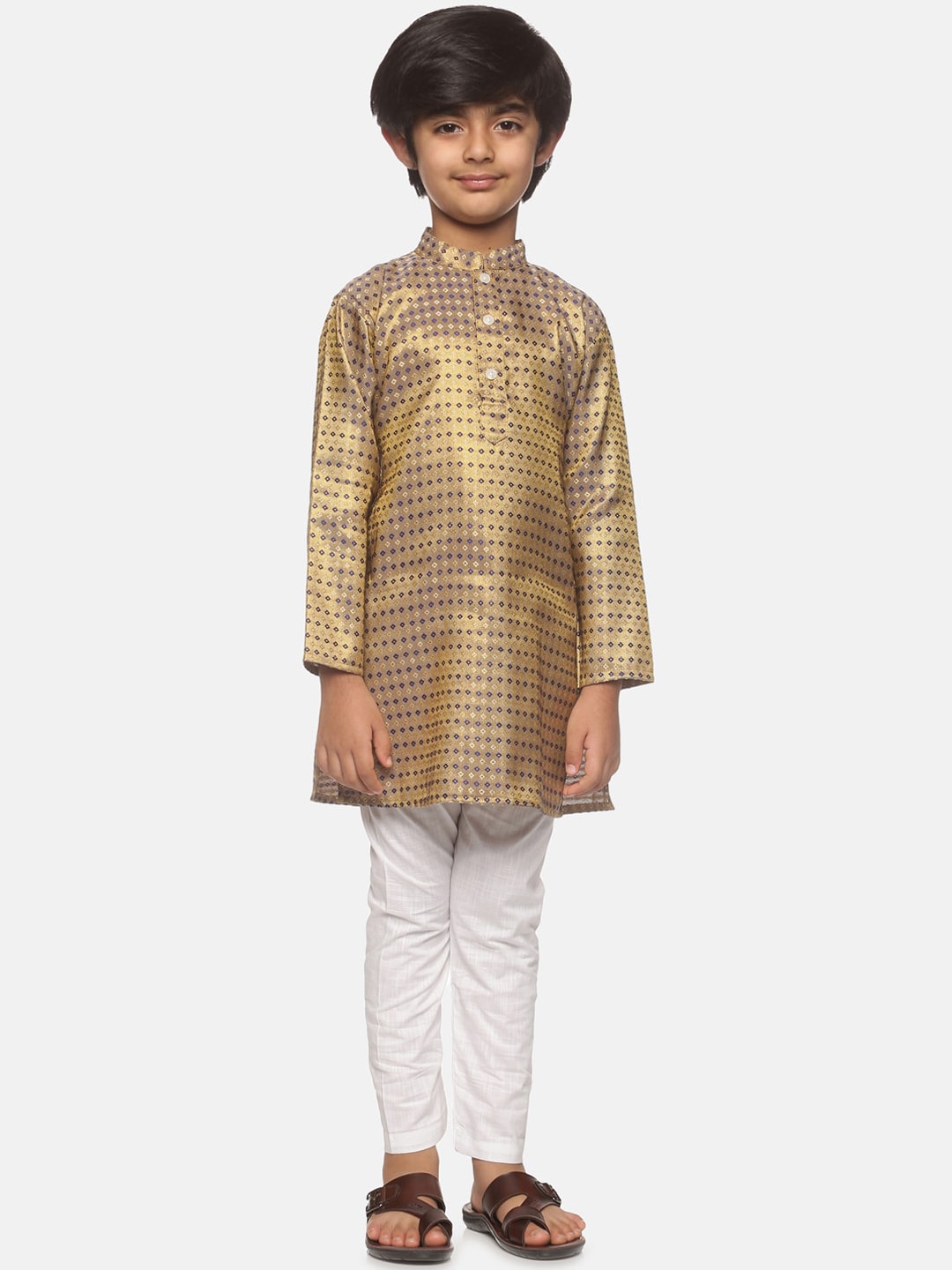 Sethukrishna Boys Gold-Toned Embroidered & Embellished Kurta With Pyjamas