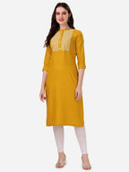 HERE&NOW Yoke Design Mandarin Collar Thread Work Cotton Kurta