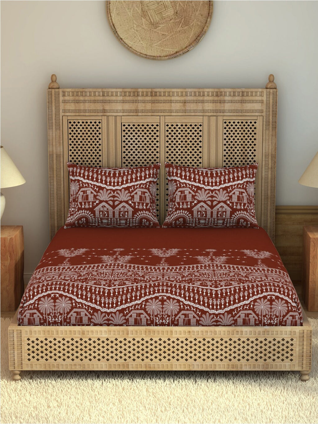 SPACES Warli Orange & White Printed Cotton 210 TC King Bedsheet with 2 Pillow Covers