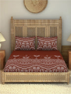 SPACES Warli Orange & White Printed Cotton 210 TC King Bedsheet with 2 Pillow Covers