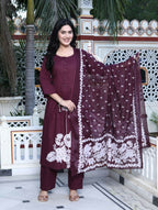Miravan Women's Wine Pintucks Cotton Floral Elegant Straight Kurta and Palazzo with Dupatta Set