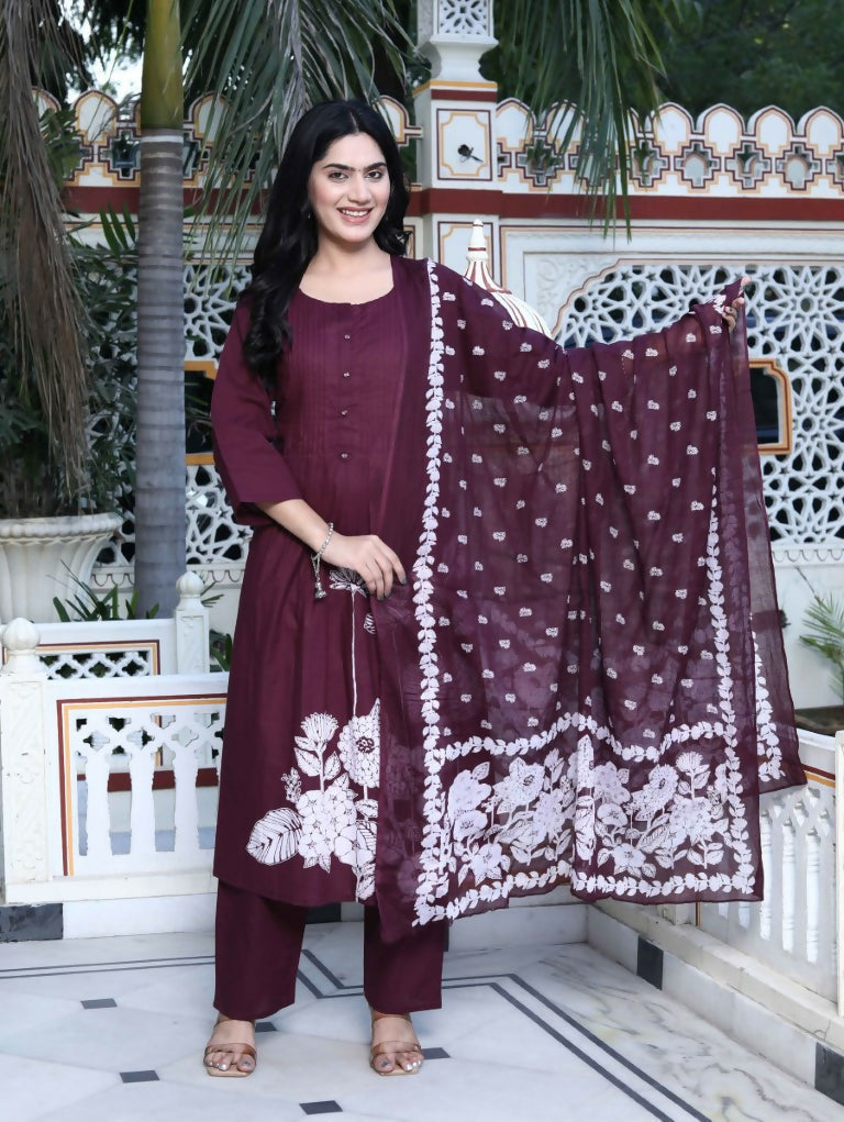 Miravan Women's Wine Pintucks Cotton Floral Elegant Straight Kurta and Palazzo with Dupatta Set