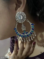 Tehzeeb Creations Women's Silver Plated Blue Meenakari Earrings - Distacart