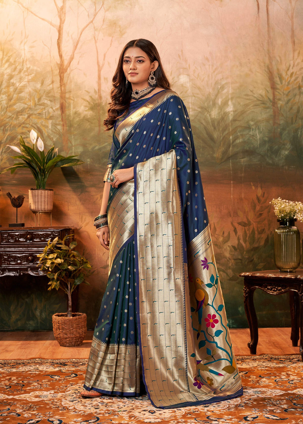 Anaita Navy Blue Designer Zari Weaving Pure Paithani Silk Saree With Blouse - Distacart