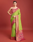 Monjolika Fashion Exquisite Designs With This Regal Parrot Green Patola Pallu Banarasi Tissue Silk Saree