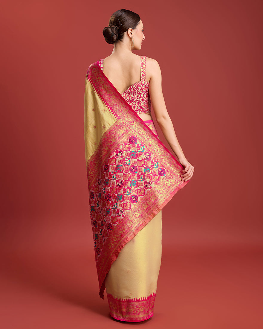 Monjolika Fashion Exquisite Designs With This Regal Beige Patola Pallu Banarasi Tissue Silk Saree - Distacart